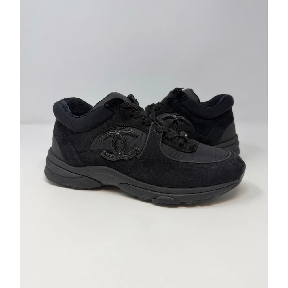Chanel CC Triple Black Suede Trainer Sneaker Size 8 US 38 EU